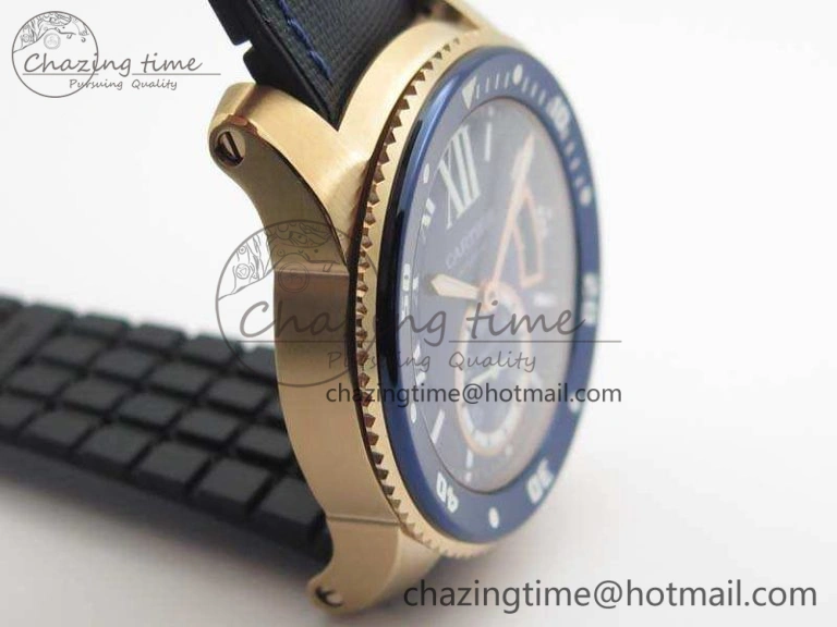 Calibre de Cartier Diver TF 1:1 Best Edition RG Blue Dial On Nylon Black Rubber Strap 23J Movement