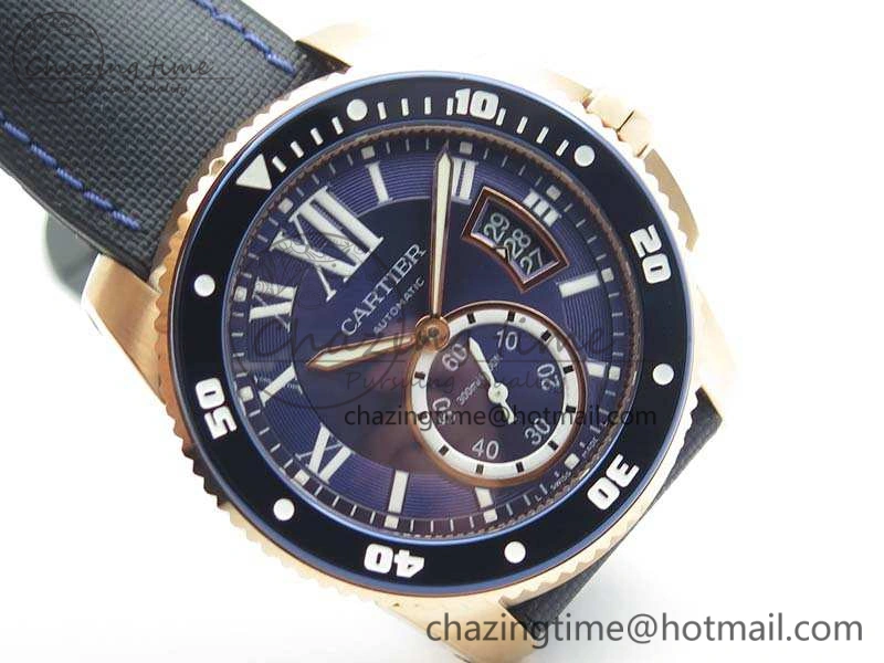 Calibre de Cartier Diver TF 1:1 Best Edition RG Blue Dial On Nylon Black Rubber Strap 23J Movement