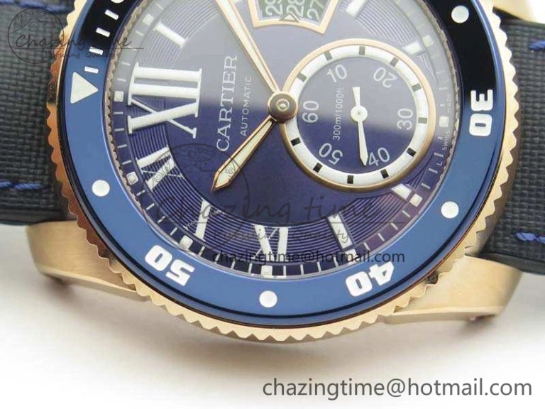 Calibre de Cartier Diver TF 1:1 Best Edition RG Blue Dial On Nylon Black Rubber Strap 23J Movement