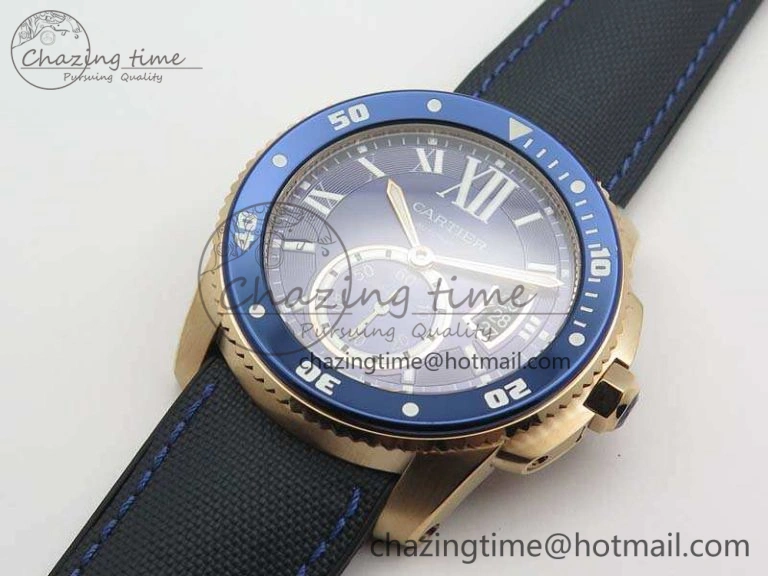 Calibre de Cartier Diver TF 1:1 Best Edition RG Blue Dial On Nylon Black Rubber Strap 23J Movement
