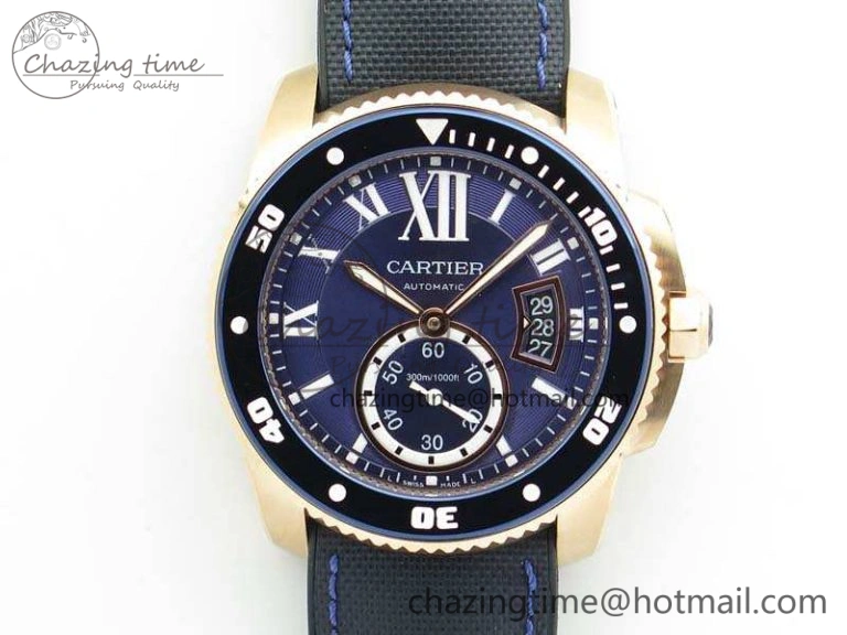 Calibre de Cartier Diver TF 1:1 Best Edition RG Blue Dial On Nylon Black Rubber Strap 23J Movement