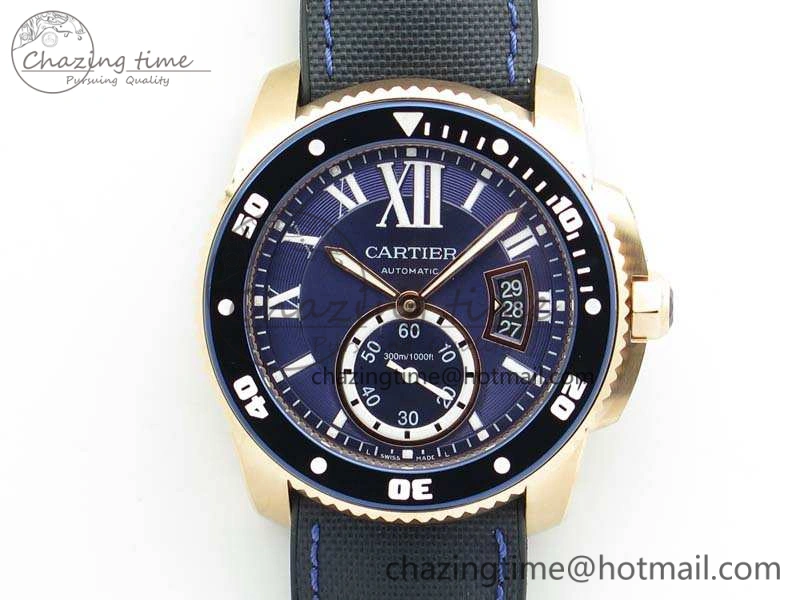 Calibre de Cartier Diver TF 1:1 Best Edition RG Blue Dial On Nylon Black Rubber Strap 23J Movement