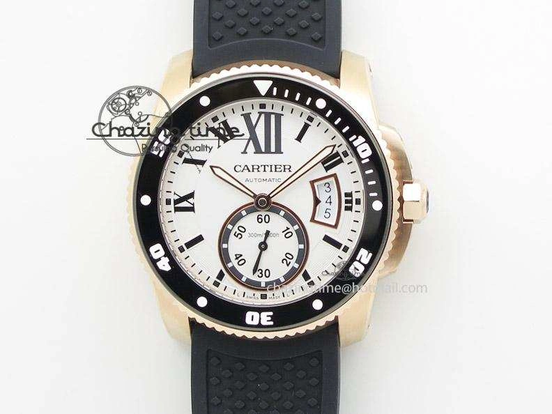 Calibre de Cartier Diver TF 1:1 Best Edition RG White Dial on Black Rubber Strap MIYOTA Movement
