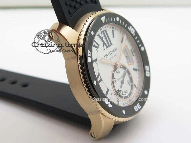 Calibre de Cartier Diver TF 1:1 Best Edition RG White Dial on Black Rubber Strap MIYOTA Movement