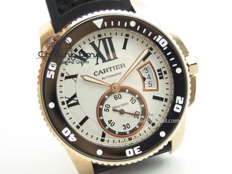 Calibre de Cartier Diver TF 1:1 Best Edition RG White Dial on Black Rubber Strap MIYOTA Movement
