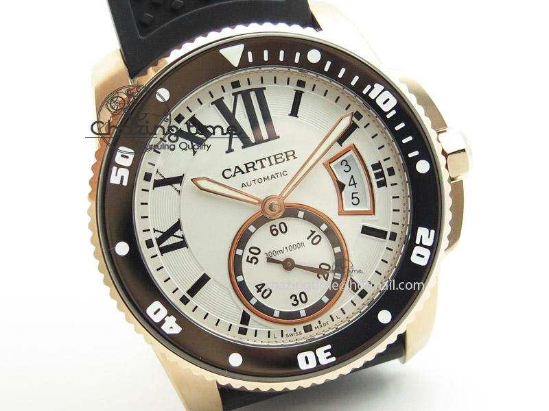 Calibre de Cartier Diver TF 1:1 Best Edition RG White Dial on Black Rubber Strap MIYOTA Movement