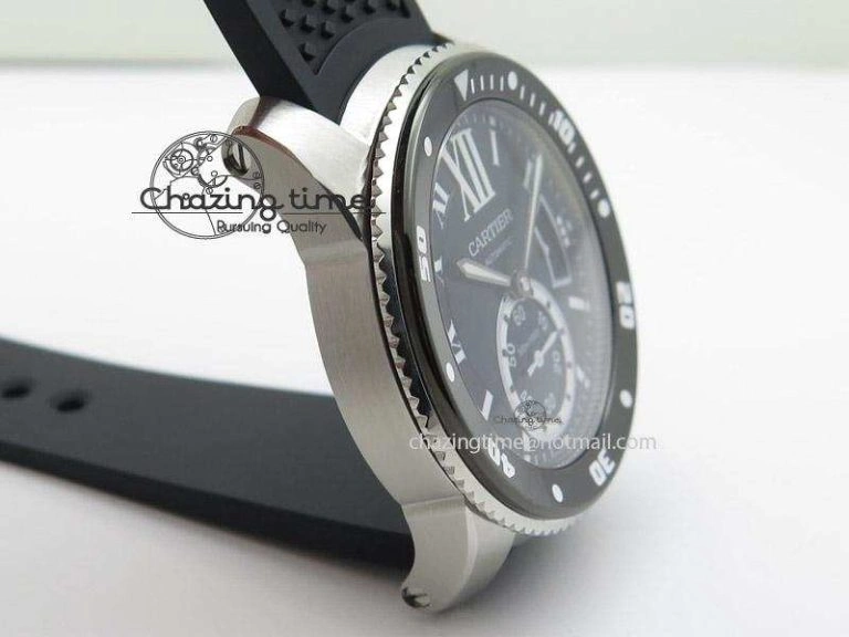 Calibre de Cartier Diver TF 1:1 Best Edition SS Black Dial on Black Rubber Strap MIYOTA Movement