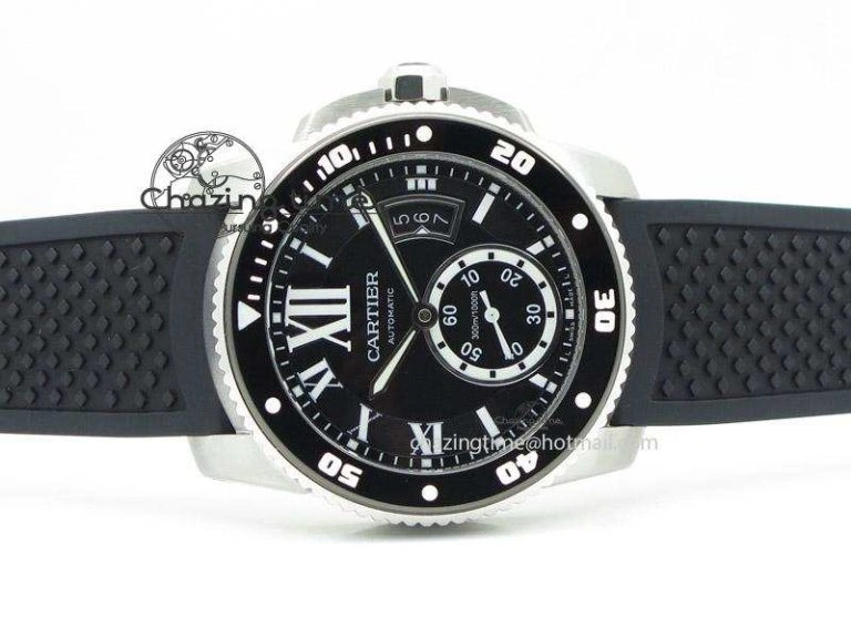 Calibre de Cartier Diver TF 1:1 Best Edition SS Black Dial on Black Rubber Strap MIYOTA Movement