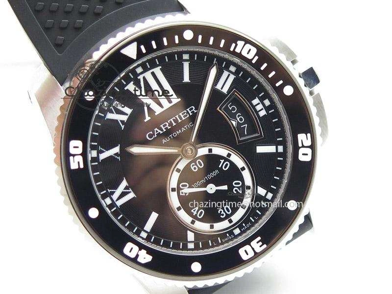 Calibre de Cartier Diver TF 1:1 Best Edition SS Black Dial on Black Rubber Strap MIYOTA Movement