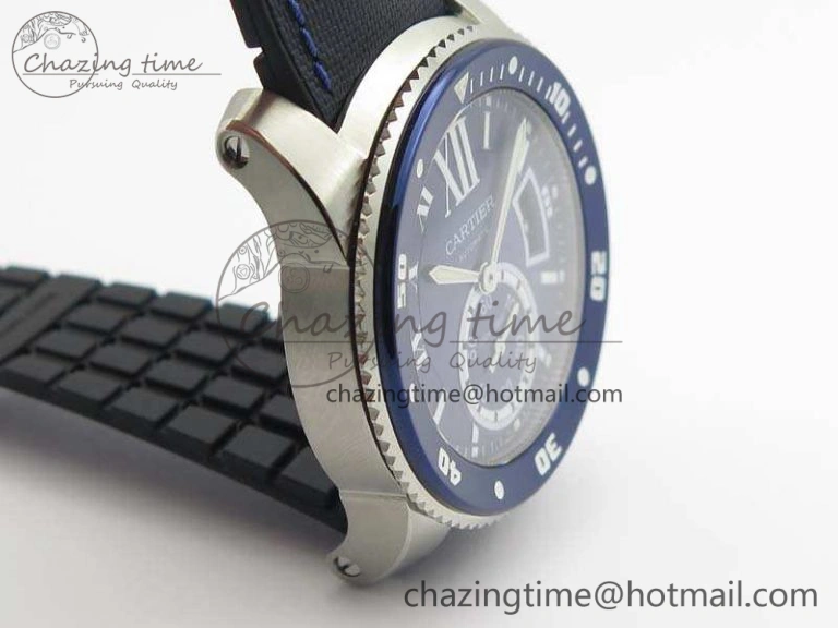Calibre de Cartier Diver TF 1:1 Best Edition SS Blue Dial On Nylon Black Rubber Strap 23J Movement