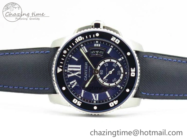 Calibre de Cartier Diver TF 1:1 Best Edition SS Blue Dial On Nylon Black Rubber Strap 23J Movement