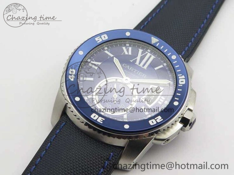 Calibre de Cartier Diver TF 1:1 Best Edition SS Blue Dial On Nylon Black Rubber Strap 23J Movement