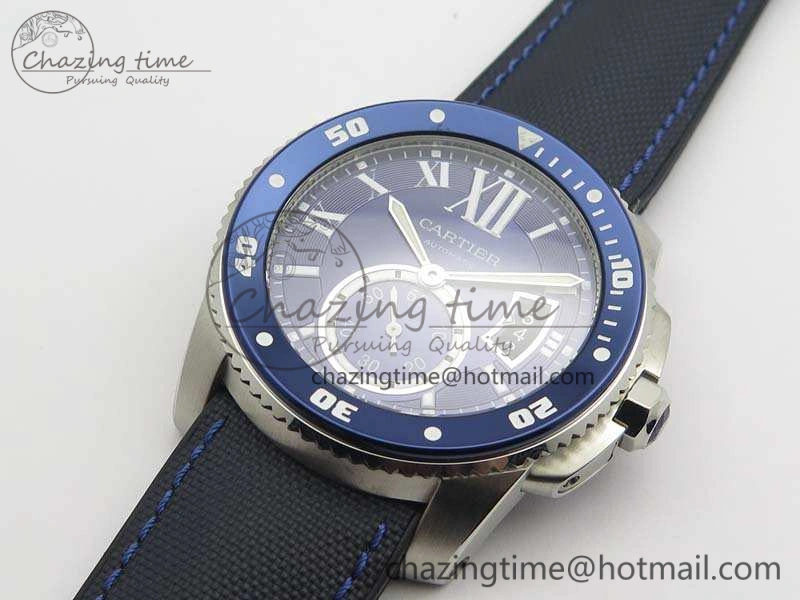 Calibre de Cartier Diver TF 1:1 Best Edition SS Blue Dial On Nylon Black Rubber Strap 23J Movement