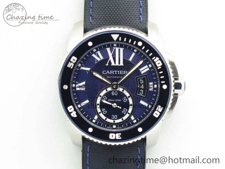 Calibre de Cartier Diver TF 1:1 Best Edition SS Blue Dial On Nylon Black Rubber Strap 23J Movement