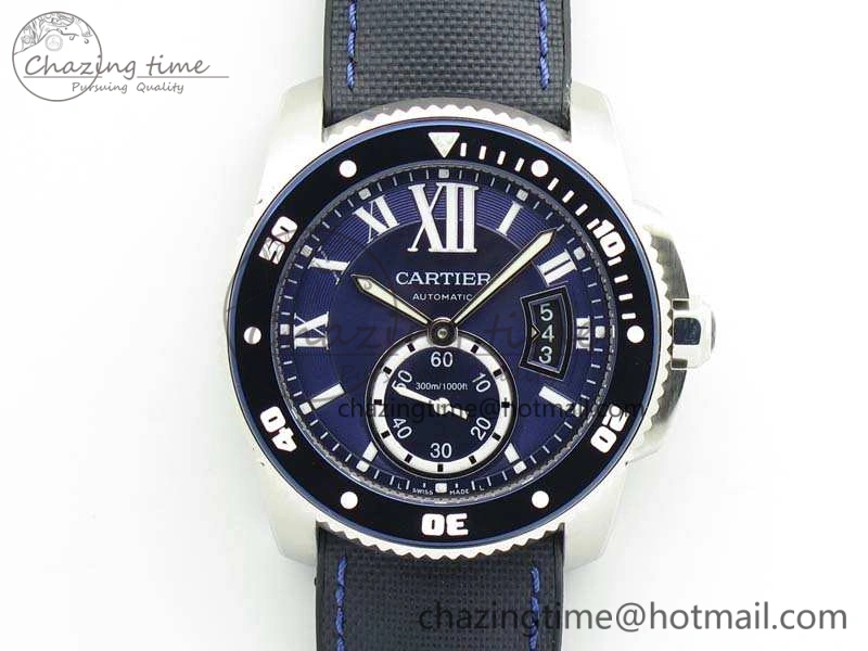 Calibre de Cartier Diver TF 1:1 Best Edition SS Blue Dial On Nylon Black Rubber Strap 23J Movement