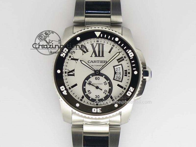 Calibre de Cartier Diver TF 1:1 Best Edition SS White Dial On SS Bracelet MIYOTA Movement