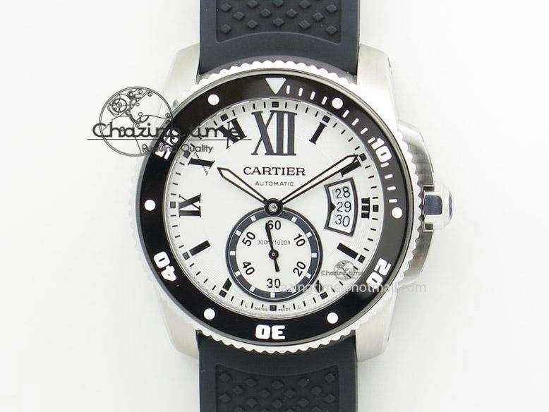 Calibre de Cartier Diver TF 1:1 Best Edition SS White Dial on Black Rubber Strap MIYOTA Movement