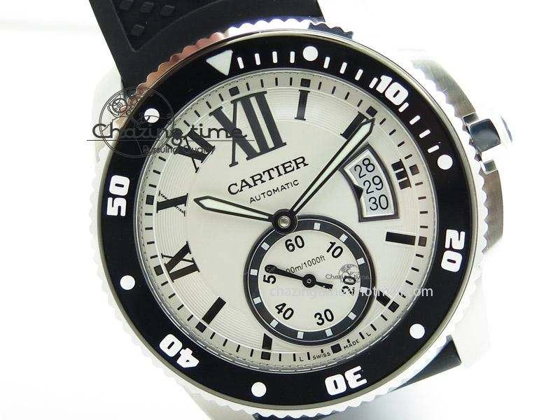 Calibre de Cartier Diver TF 1:1 Best Edition SS White Dial on Black Rubber Strap MIYOTA Movement