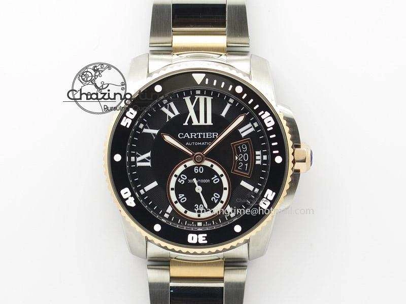 Calibre de Cartier Diver TF 1:1 Best Edition SS RG Black Dial On SS RG Bracelet MIYOTA Movement