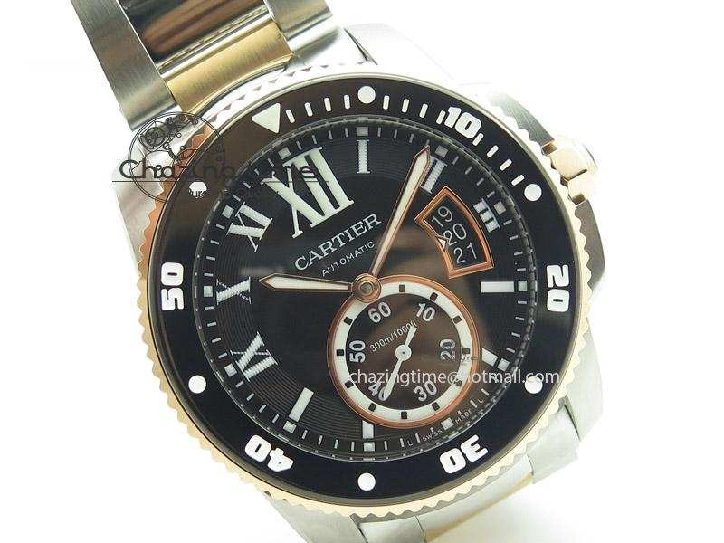 Calibre de Cartier Diver TF 1:1 Best Edition SS RG Black Dial On SS RG Bracelet MIYOTA Movement