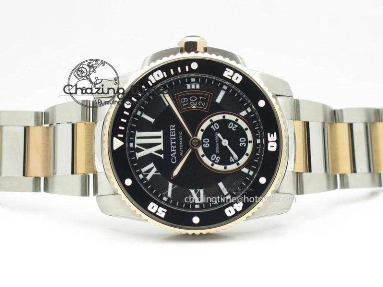 Calibre de Cartier Diver TF 1:1 Best Edition SS RG Black Dial On SS RG Bracelet MIYOTA Movement
