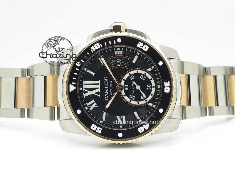 Calibre de Cartier Diver TF 1:1 Best Edition SS RG Black Dial On SS RG Bracelet MIYOTA Movement