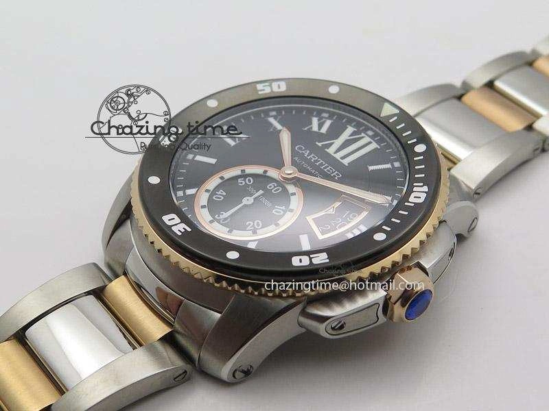 Calibre de Cartier Diver TF 1:1 Best Edition SS RG Black Dial On SS RG Bracelet MIYOTA Movement