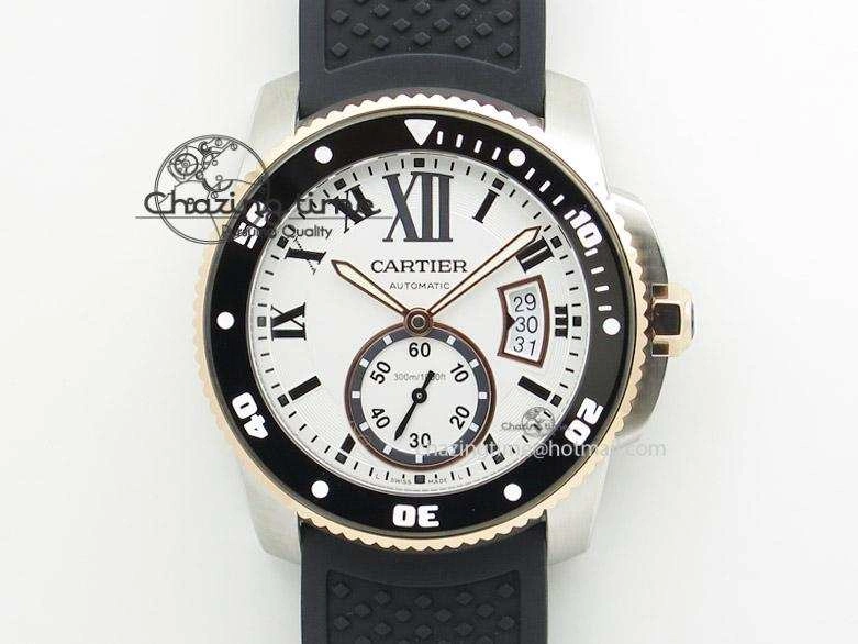 Calibre de Cartier Diver TF 1:1 Best Edition SS RG White Dial on Black Rubber Strap MIYOTA Movement