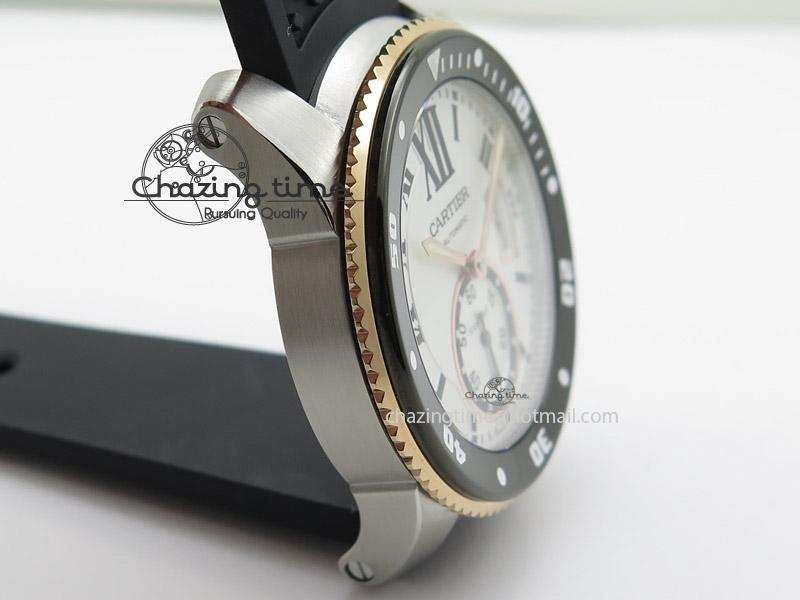 Calibre de Cartier Diver TF 1:1 Best Edition SS RG White Dial on Black Rubber Strap MIYOTA Movement