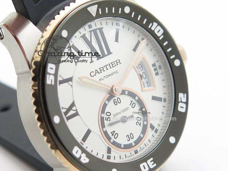 Calibre de Cartier Diver TF 1:1 Best Edition SS RG White Dial on Black Rubber Strap MIYOTA Movement
