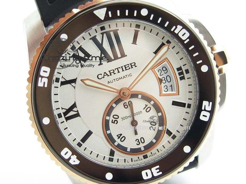 Calibre de Cartier Diver TF 1:1 Best Edition SS RG White Dial on Black Rubber Strap MIYOTA Movement