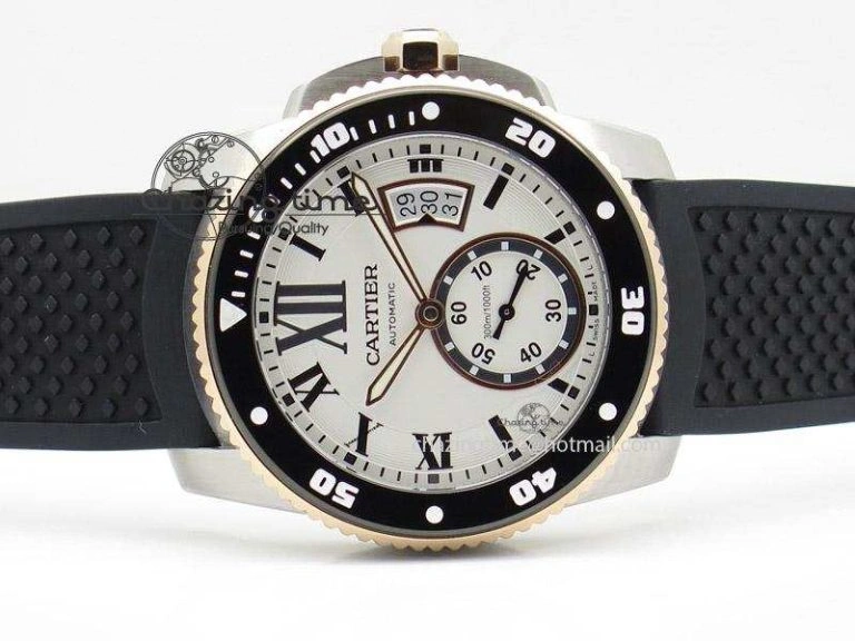 Calibre de Cartier Diver TF 1:1 Best Edition SS RG White Dial on Black Rubber Strap MIYOTA Movement