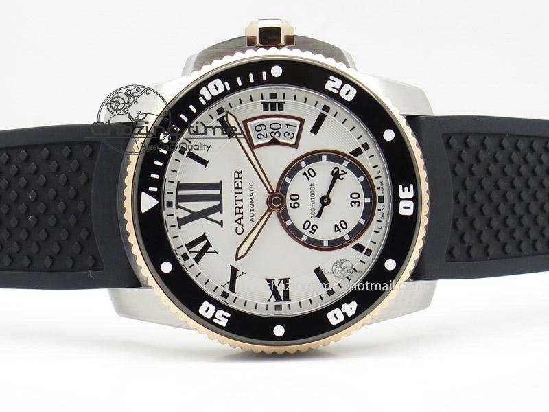 Calibre de Cartier Diver TF 1:1 Best Edition SS RG White Dial on Black Rubber Strap MIYOTA Movement