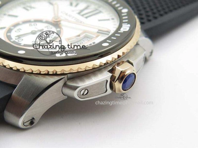 Calibre de Cartier Diver TF 1:1 Best Edition SS RG White Dial on Black Rubber Strap MIYOTA Movement
