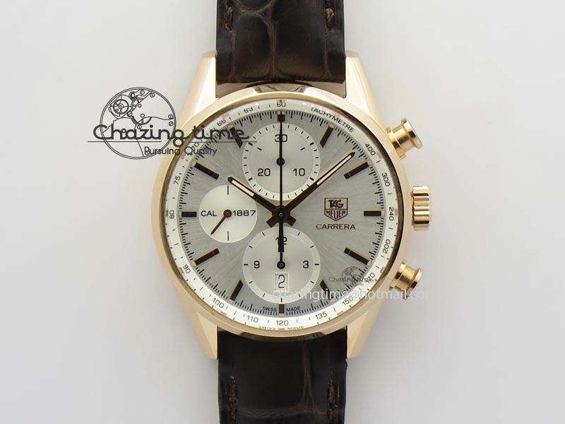 Carrera CAL1887 Chronograph 41mm RG V6F 1:1 Best Edition White Dial On Brown Leather Strap CAL1887
