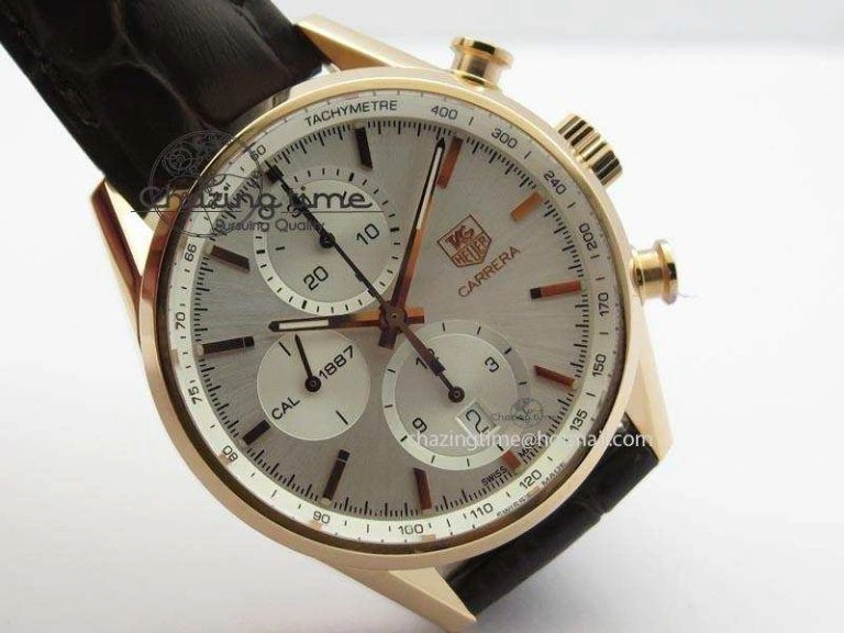 Carrera CAL1887 Chronograph 41mm RG V6F 1:1 Best Edition White Dial On Brown Leather Strap CAL1887