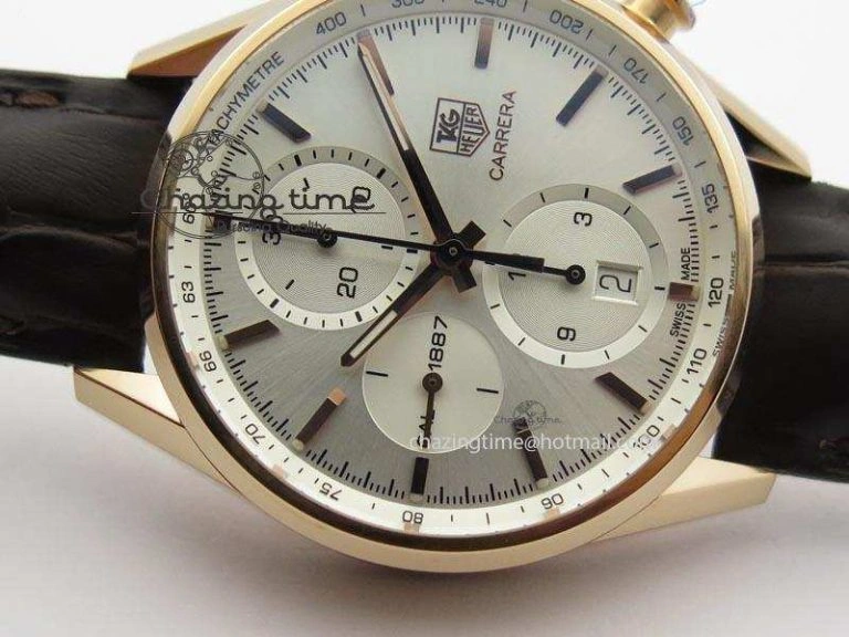 Carrera CAL1887 Chronograph 41mm RG V6F 1:1 Best Edition White Dial On Brown Leather Strap CAL1887