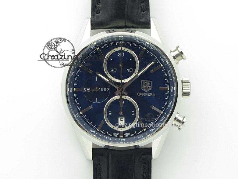 Carrera CAL1887 Chronograph 41mm SS V6F 1:1 Best Edition Blue Dial On Black Leather Strap CAL1887