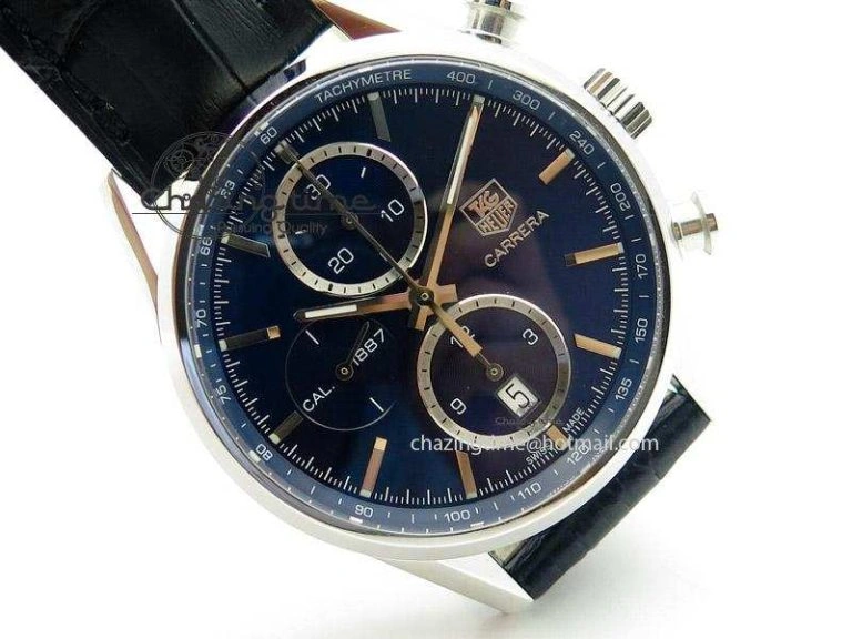 Carrera CAL1887 Chronograph 41mm SS V6F 1:1 Best Edition Blue Dial On Black Leather Strap CAL1887