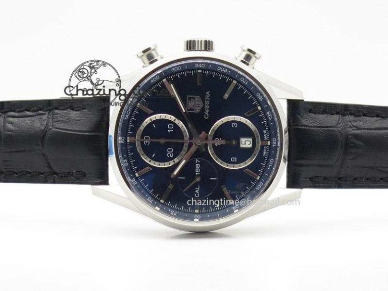 Carrera CAL1887 Chronograph 41mm SS V6F 1:1 Best Edition Blue Dial On Black Leather Strap CAL1887