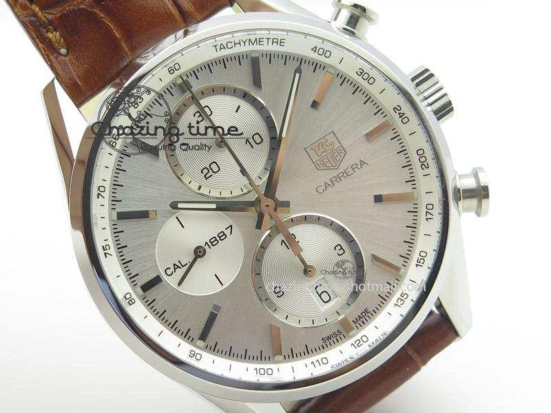 Carrera CAL1887 Chronograph 41mm SS V6F 1:1 Best Edition White Dial On Brown Leather Strap CAL1887