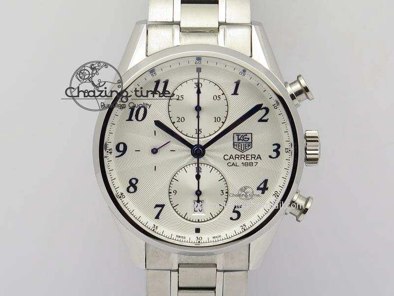 Carrera CAL1887 Chronograph SS V6F 1:1 Best Edition White Dial Blue Markers On SS Bracelet CAL1887