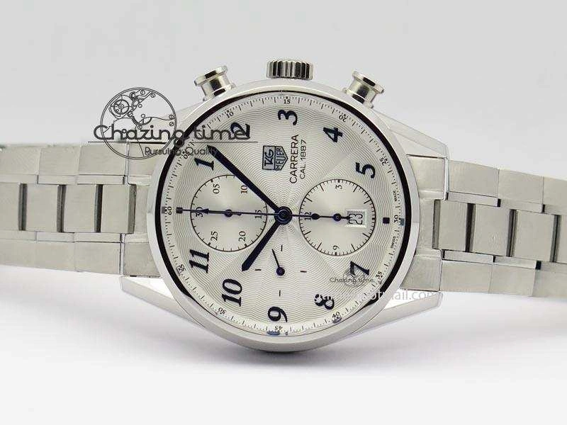 Carrera CAL1887 Chronograph SS V6F 1:1 Best Edition White Dial Blue Markers On SS Bracelet CAL1887