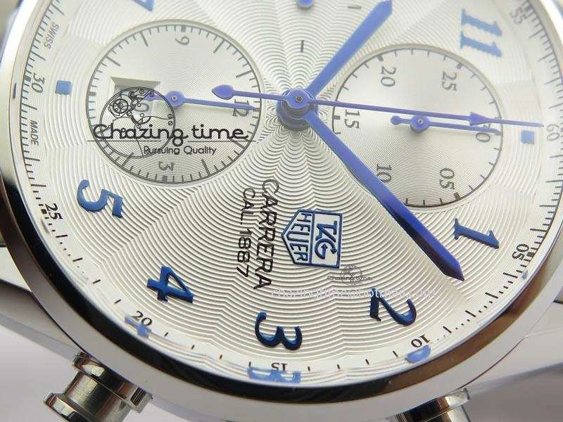 Carrera CAL1887 Chronograph SS V6F 1:1 Best Edition White Dial Blue Markers On SS Bracelet CAL1887