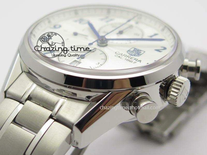 Carrera CAL1887 Chronograph SS V6F 1:1 Best Edition White Dial Blue Markers On SS Bracelet CAL1887