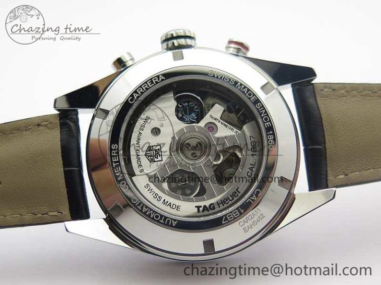 Carrera Calibre 1887 Day-Date SS V6F 1:1 Best Edition Ceramic Bezel Black Dial On Leather Strap A7750