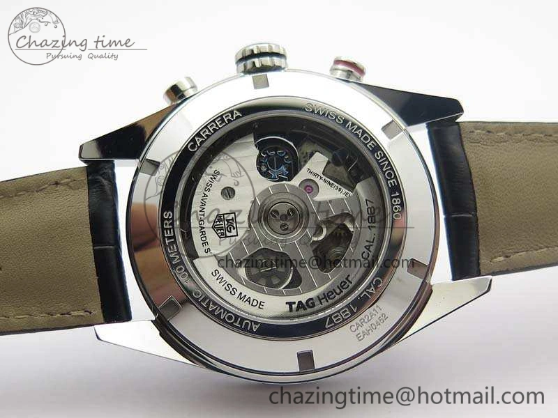 Carrera Calibre 1887 Day-Date SS V6F 1:1 Best Edition Ceramic Bezel Black Dial On Leather Strap A7750