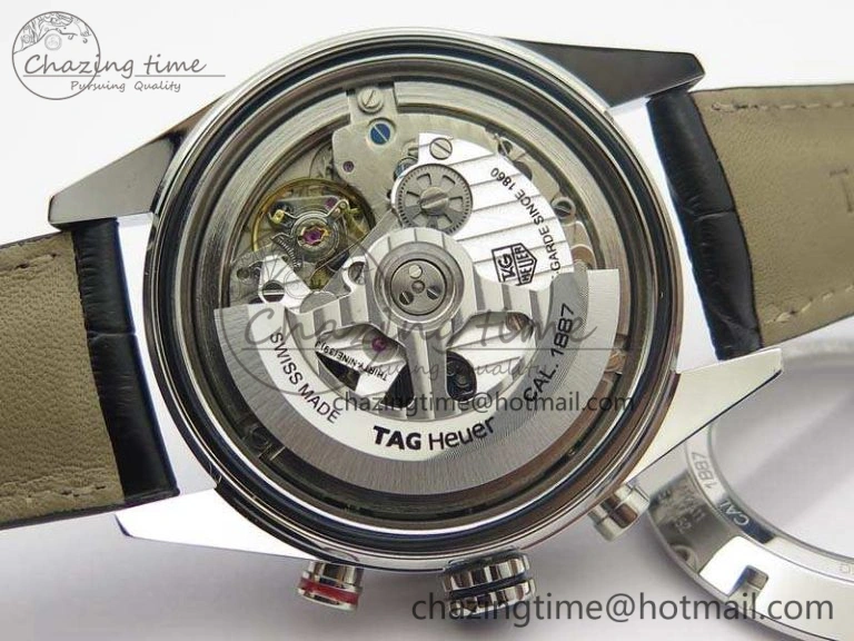 Carrera Calibre 1887 Day-Date SS V6F 1:1 Best Edition Ceramic Bezel Black Dial On Leather Strap A7750