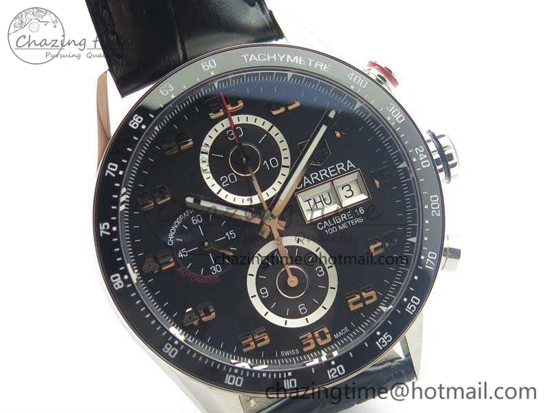 Carrera Calibre 1887 Day-Date SS V6F 1:1 Best Edition Ceramic Bezel Black Dial On Leather Strap A7750