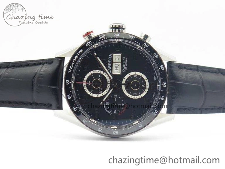 Carrera Calibre 1887 Day-Date SS V6F 1:1 Best Edition Ceramic Bezel Black Dial On Leather Strap A7750